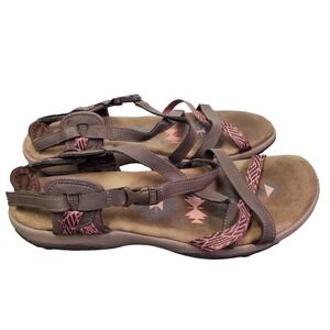 Skechers Sandals Womens Sz 11 Strappy Brown Open Toe Memory Foam Buckled Casual